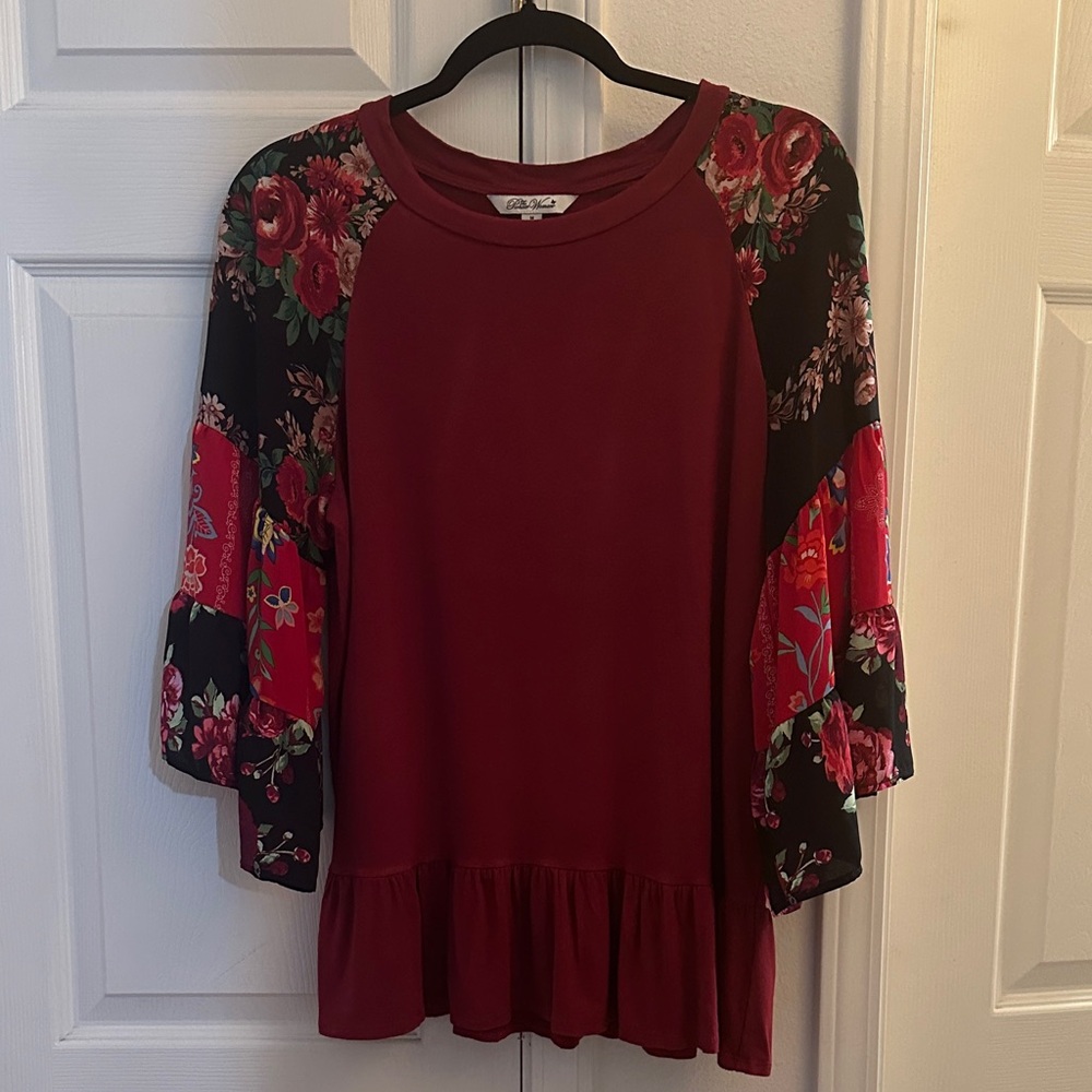 The Pioneer Woman Burgundy Blouse with Floral Sleeves Size Medium